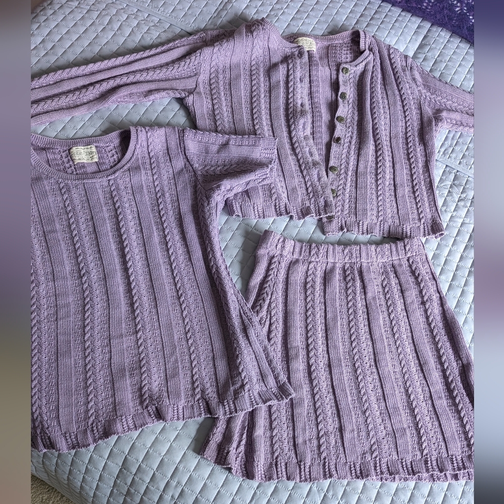 Lavender Knit Three Piece Set - Cable Detail